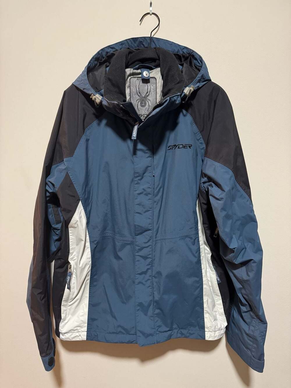 Spyder Men’s Ski Snow Jacket Blue Black White Colorblock Removable Hood